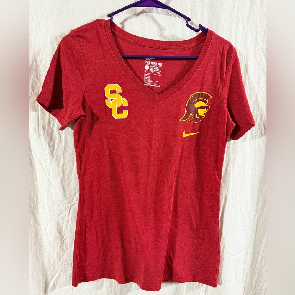 Women’s Nike UNC Trojans Red Athletic Cut v-neck Tee